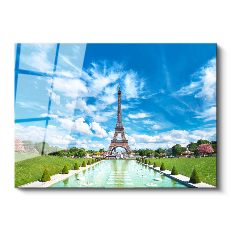 Tamperli Gerçek Cam Tablo Paris Eyfel Kulesi Su Havuzu Şehir Mimari Tablo Duvar Dekoru