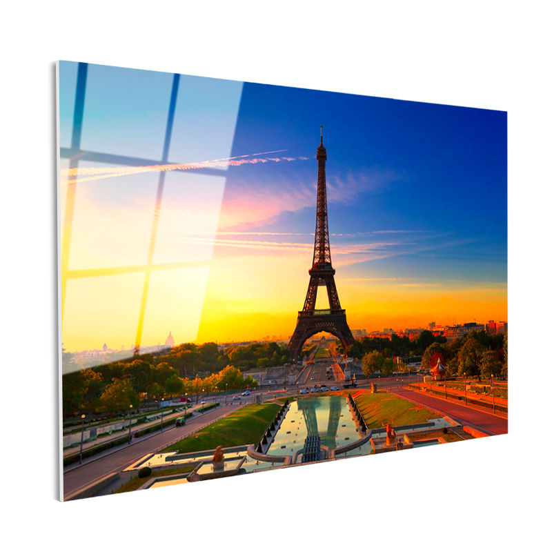 Tamperli Gerçek Cam Tablo Eyfel Kulesi Gün Doğumu Trocadero Şehir Mimari Tablo Duvar Dekoru