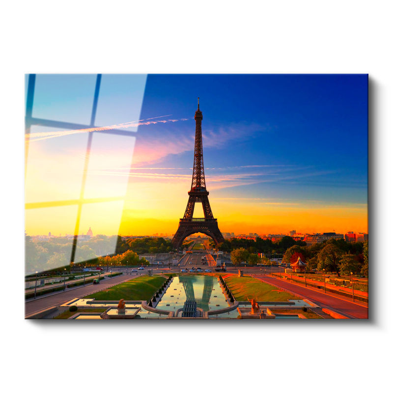 Tamperli Gerçek Cam Tablo Eyfel Kulesi Gün Doğumu Trocadero Şehir Mimari Tablo Duvar Dekoru