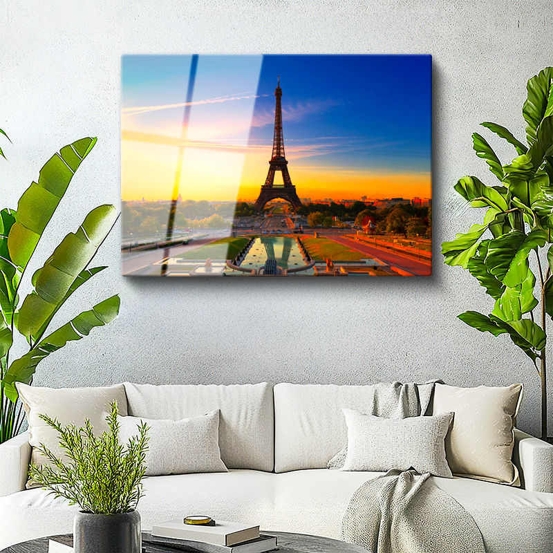 Tamperli Gerçek Cam Tablo Eyfel Kulesi Gün Doğumu Trocadero Şehir Mimari Tablo Duvar Dekoru