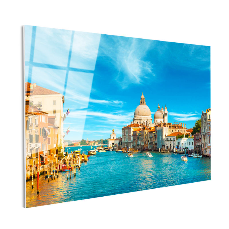 Tamperli Gerçek Cam Tablo Venedik Büyük Kanal Santa Maria Şehir Mimari Tablo Duvar Dekoru