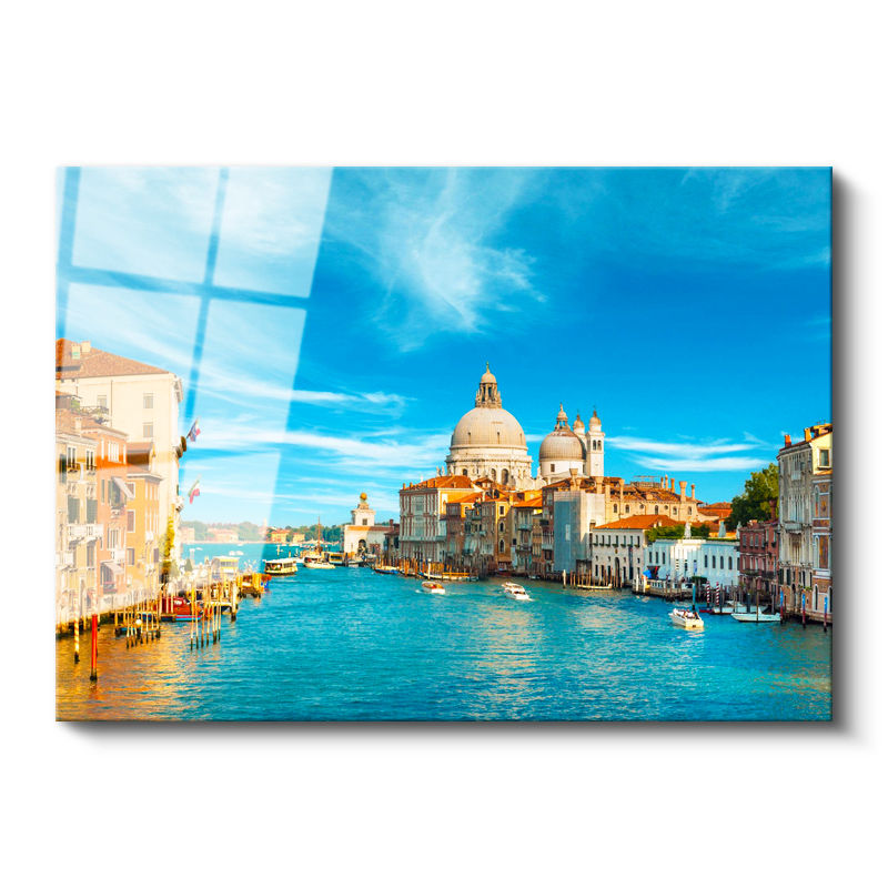 Tamperli Gerçek Cam Tablo Venedik Büyük Kanal Santa Maria Şehir Mimari Tablo Duvar Dekoru