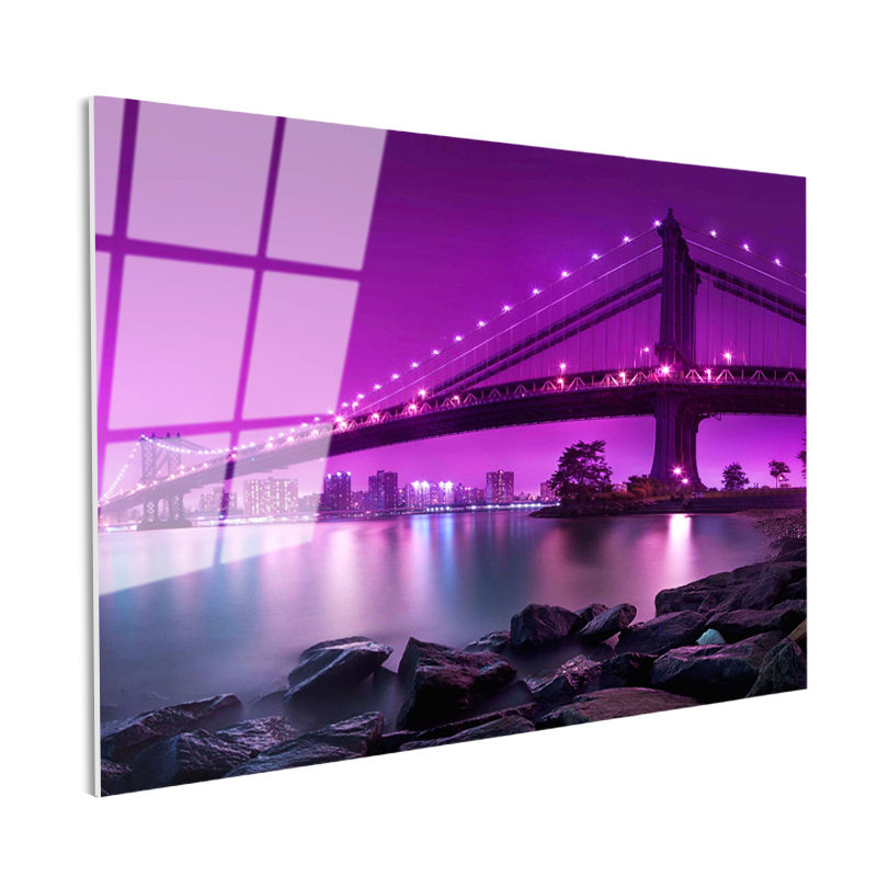 Tamperli Gerçek Cam Tablo Manhattan Köprüsü Mor Işıklar Şehir Mimari Tablo Duvar Dekoru