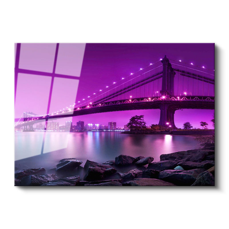 Tamperli Gerçek Cam Tablo Manhattan Köprüsü Mor Işıklar Şehir Mimari Tablo Duvar Dekoru