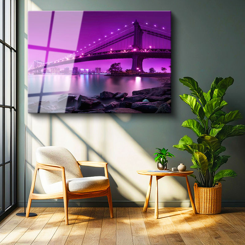 Tamperli Gerçek Cam Tablo Manhattan Köprüsü Mor Işıklar Şehir Mimari Tablo Duvar Dekoru