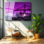 Tamperli Gerçek Cam Tablo Manhattan Köprüsü Mor Işıklar Şehir Mimari Tablo Duvar Dekoru