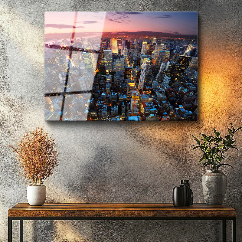 Tamperli Gerçek Cam Tablo New York Manhattan Şehir Manzarası Şehir Mimari Tablo Duvar Dekoru