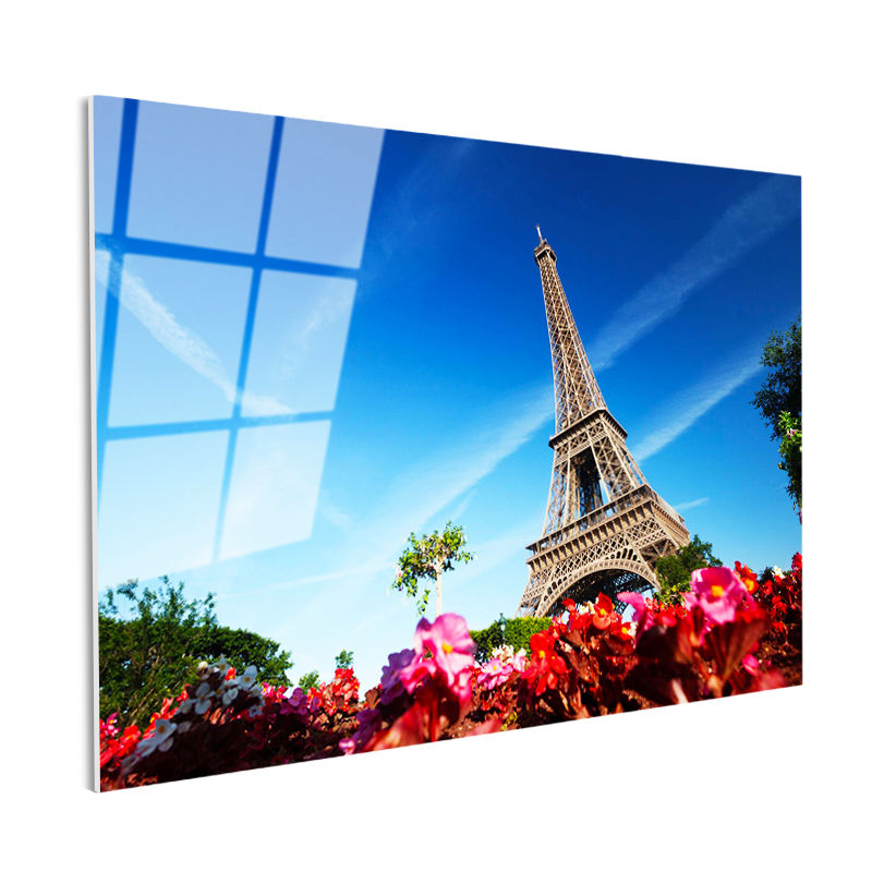 Tamperli Gerçek Cam Tablo Eyfel Kulesi Altı Çiçek Bahçesi Şehir Mimari Tablo Duvar Dekoru