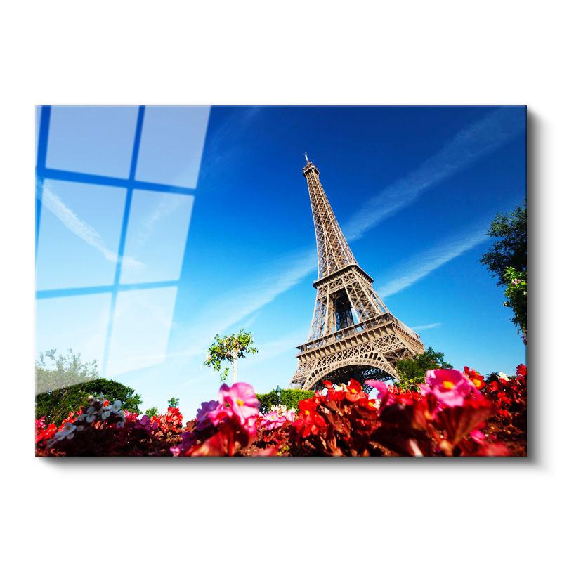 Tamperli Gerçek Cam Tablo Eyfel Kulesi Altı Çiçek Bahçesi Şehir Mimari Tablo Duvar Dekoru
