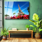 Tamperli Gerçek Cam Tablo Eyfel Kulesi Altı Çiçek Bahçesi Şehir Mimari Tablo Duvar Dekoru