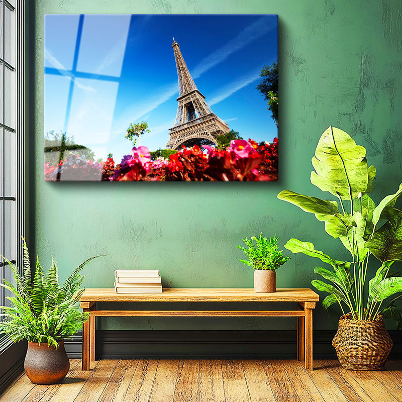 Tamperli Gerçek Cam Tablo Eyfel Kulesi Altı Çiçek Bahçesi Şehir Mimari Tablo Duvar Dekoru