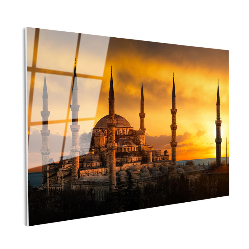 Tamperli Gerçek Cam Tablo Sultanahmet Camii Gün Batımı Silüeti Şehir Mimari Tablo Duvar Dekoru
