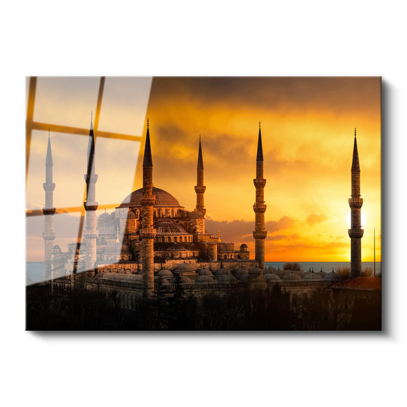 Tamperli Gerçek Cam Tablo Sultanahmet Camii Gün Batımı Silüeti Şehir Mimari Tablo Duvar Dekoru