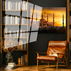 Tamperli Gerçek Cam Tablo Sultanahmet Camii Gün Batımı Silüeti Şehir Mimari Tablo Duvar Dekoru