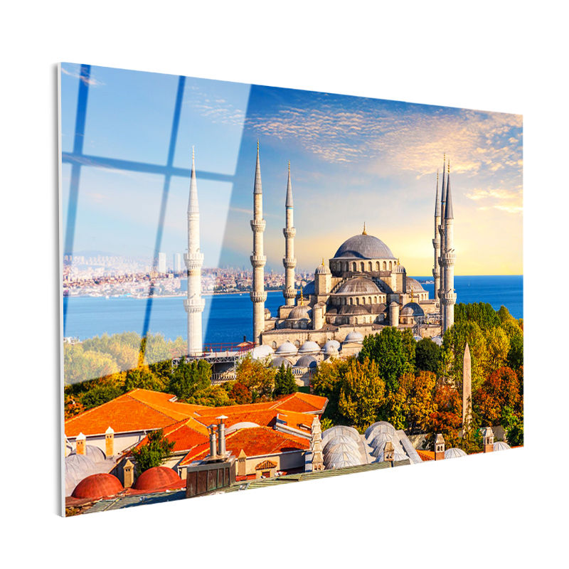 Tamperli Gerçek Cam Tablo Sultanahmet Camii ve Yeşillik Manzara Şehir Mimari Tablo Duvar Dekoru