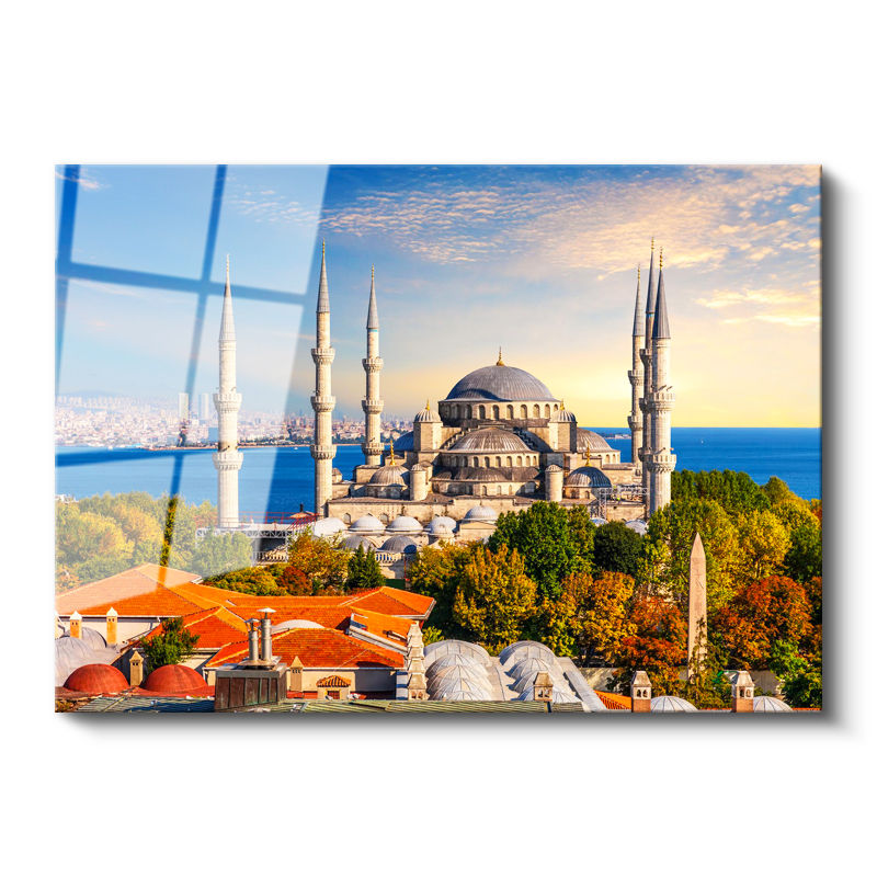 Tamperli Gerçek Cam Tablo Sultanahmet Camii ve Yeşillik Manzara Şehir Mimari Tablo Duvar Dekoru