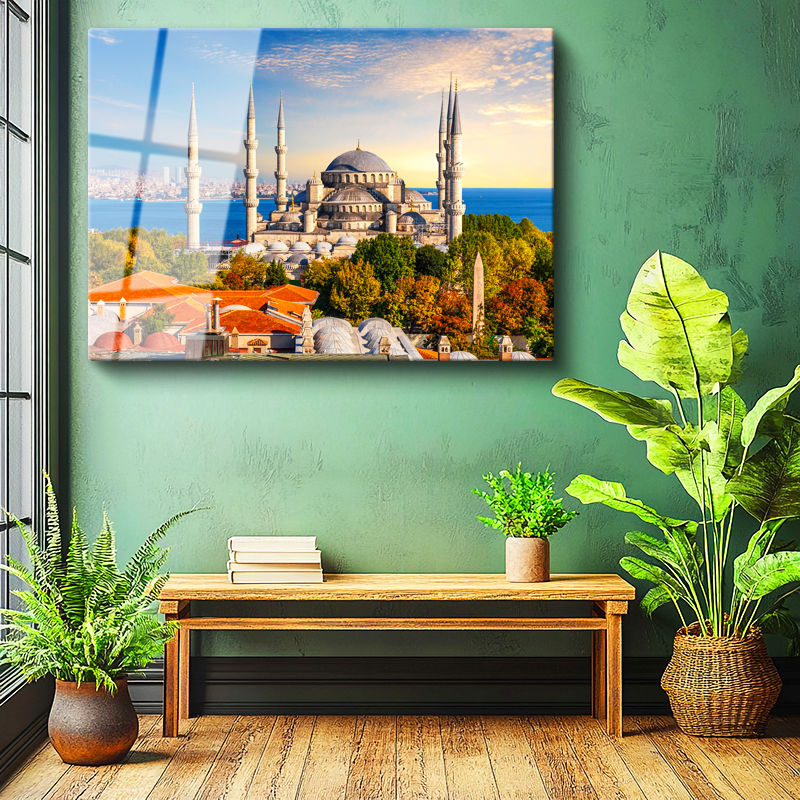 Tamperli Gerçek Cam Tablo Sultanahmet Camii ve Yeşillik Manzara Şehir Mimari Tablo Duvar Dekoru