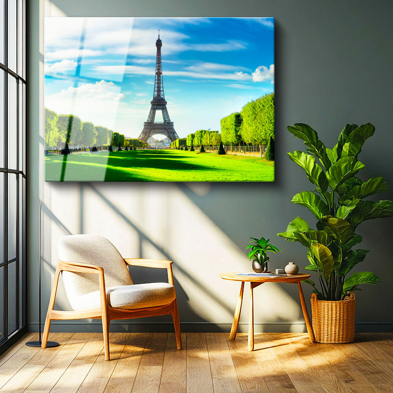Tamperli Gerçek Cam Tablo Eyfel Kulesi Champ de Mars Parkı Şehir Mimari Tablo Duvar Dekoru