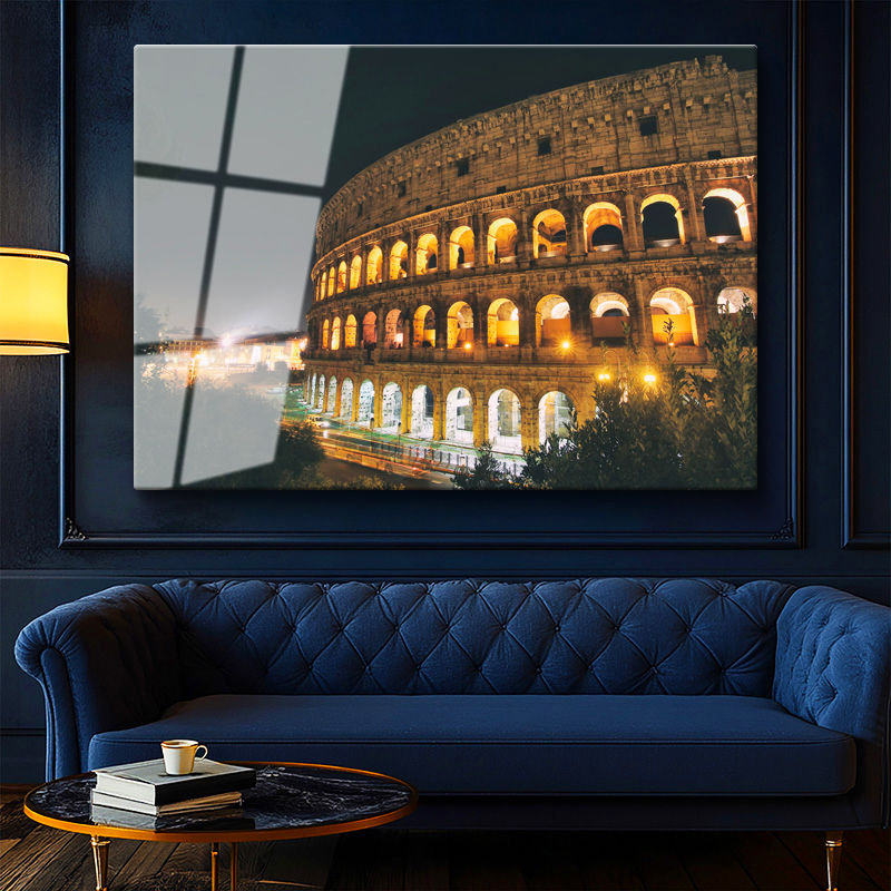Tamperli Gerçek Cam Tablo Roma Kolezyum Gece Aydınlatması Şehir Mimari Tablo Duvar Dekoru