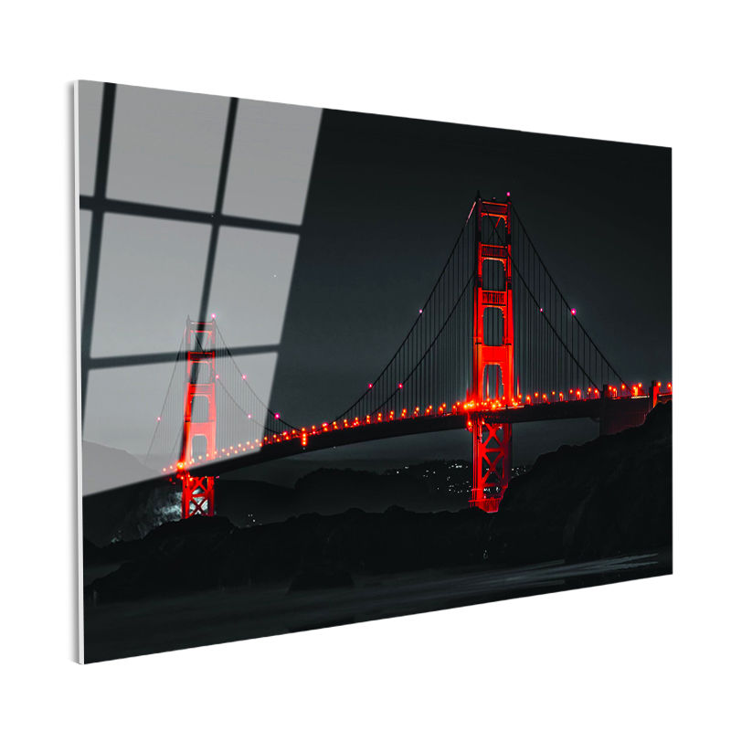 Tamperli Gerçek Cam Tablo Golden Gate Köprüsü Gece Aydınlatması Şehir Mimari Tablo Duvar Dekoru