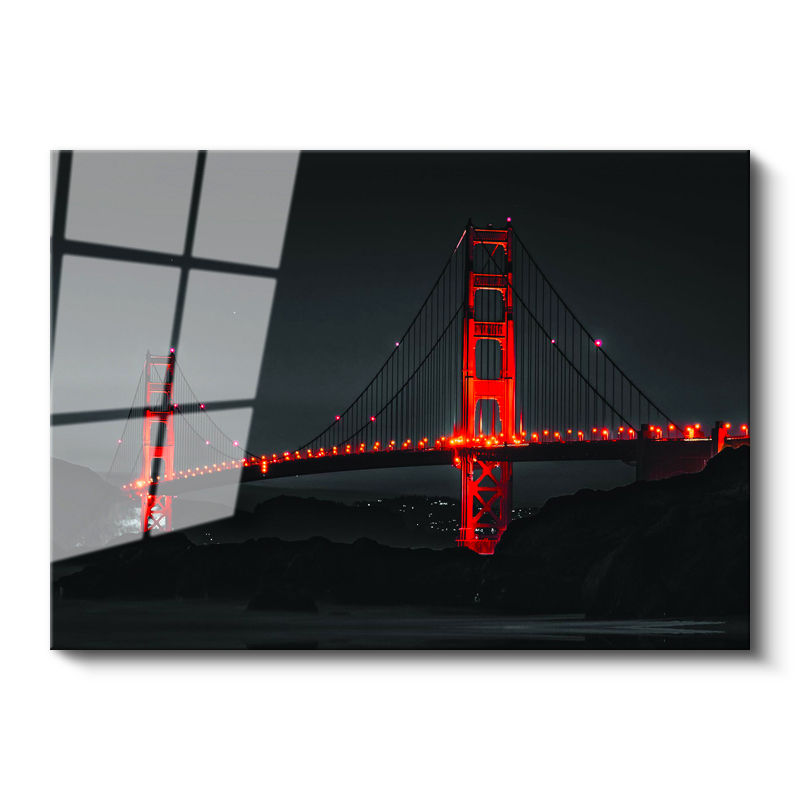 Tamperli Gerçek Cam Tablo Golden Gate Köprüsü Gece Aydınlatması Şehir Mimari Tablo Duvar Dekoru