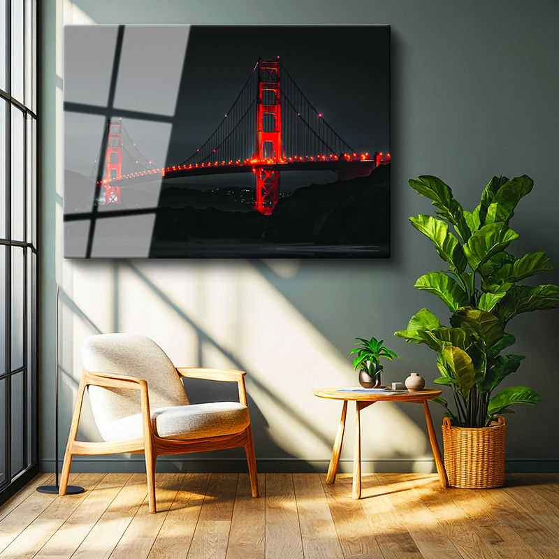 Tamperli Gerçek Cam Tablo Golden Gate Köprüsü Gece Aydınlatması Şehir Mimari Tablo Duvar Dekoru