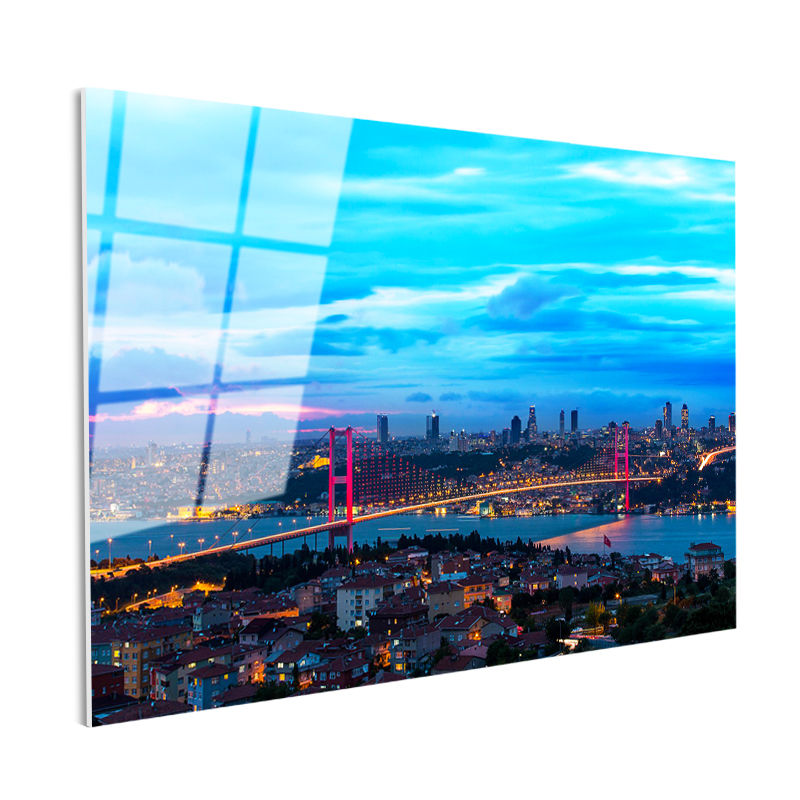 Tamperli Gerçek Cam Tablo İstanbul Boğaz Köprüsü Gece Şehir Mimari Tablo Duvar Dekoru