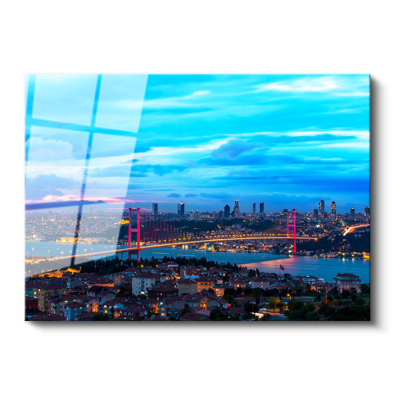 Tamperli Gerçek Cam Tablo İstanbul Boğaz Köprüsü Gece Şehir Mimari Tablo Duvar Dekoru