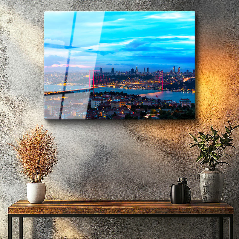 Tamperli Gerçek Cam Tablo İstanbul Boğaz Köprüsü Gece Şehir Mimari Tablo Duvar Dekoru