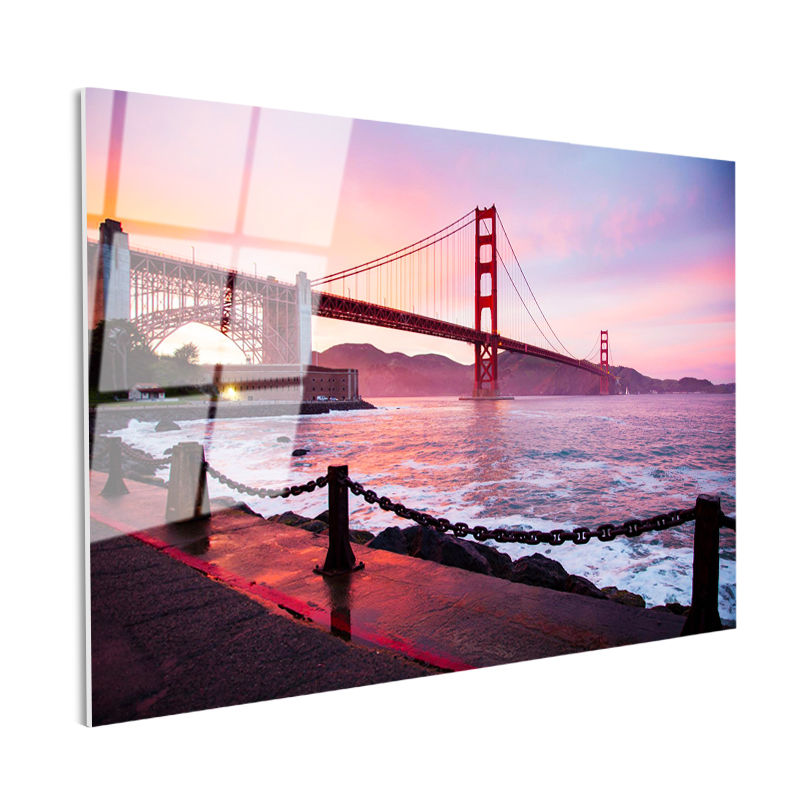 Tamperli Gerçek Cam Tablo Golden Gate Köprüsü Kıyı Zincirleri Şehir Mimari Tablo Duvar Dekoru
