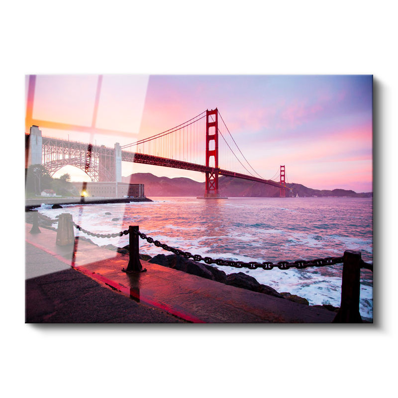 Tamperli Gerçek Cam Tablo Golden Gate Köprüsü Kıyı Zincirleri Şehir Mimari Tablo Duvar Dekoru