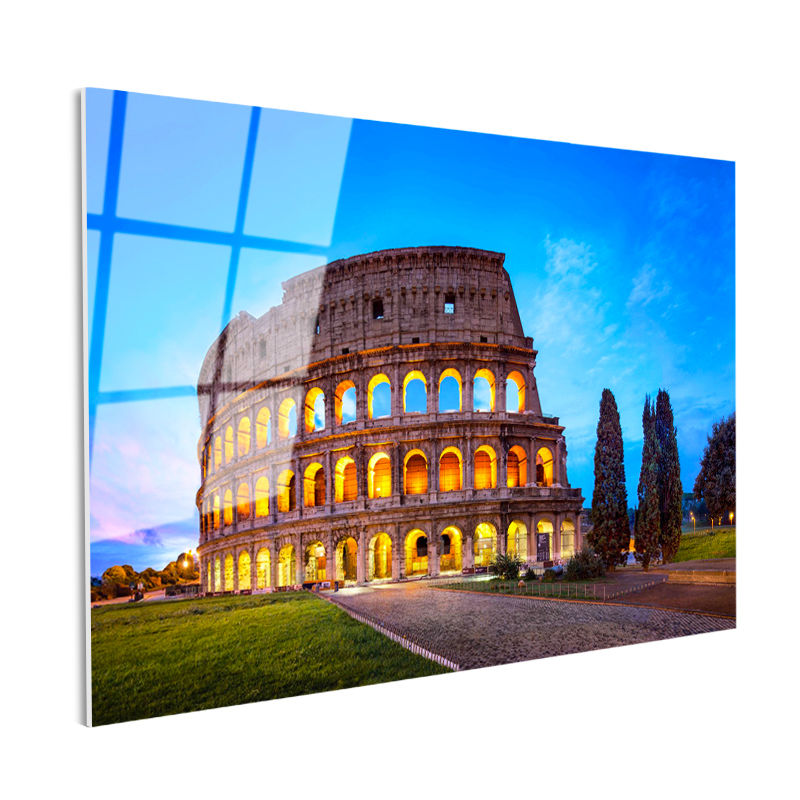 Tamperli Gerçek Cam Tablo Roma Kolezyum Mavi Saatler ve Ağaçlar Şehir Mimari Tablo Duvar Dekoru