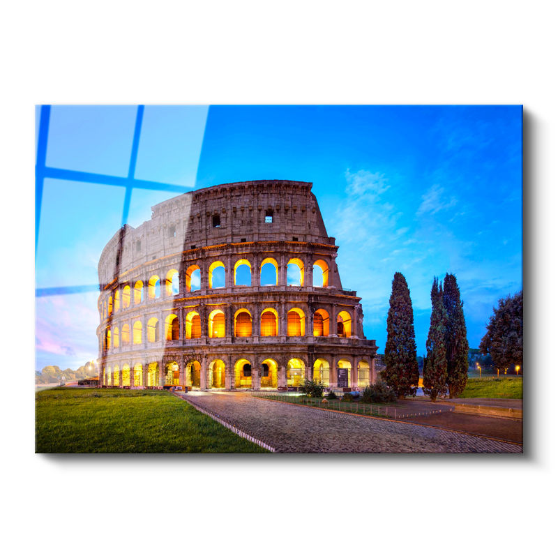 Tamperli Gerçek Cam Tablo Roma Kolezyum Mavi Saatler ve Ağaçlar Şehir Mimari Tablo Duvar Dekoru