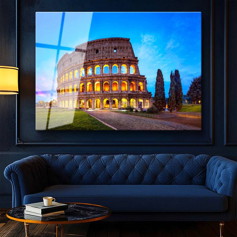 Tamperli Gerçek Cam Tablo Roma Kolezyum Mavi Saatler ve Ağaçlar Şehir Mimari Tablo Duvar Dekoru