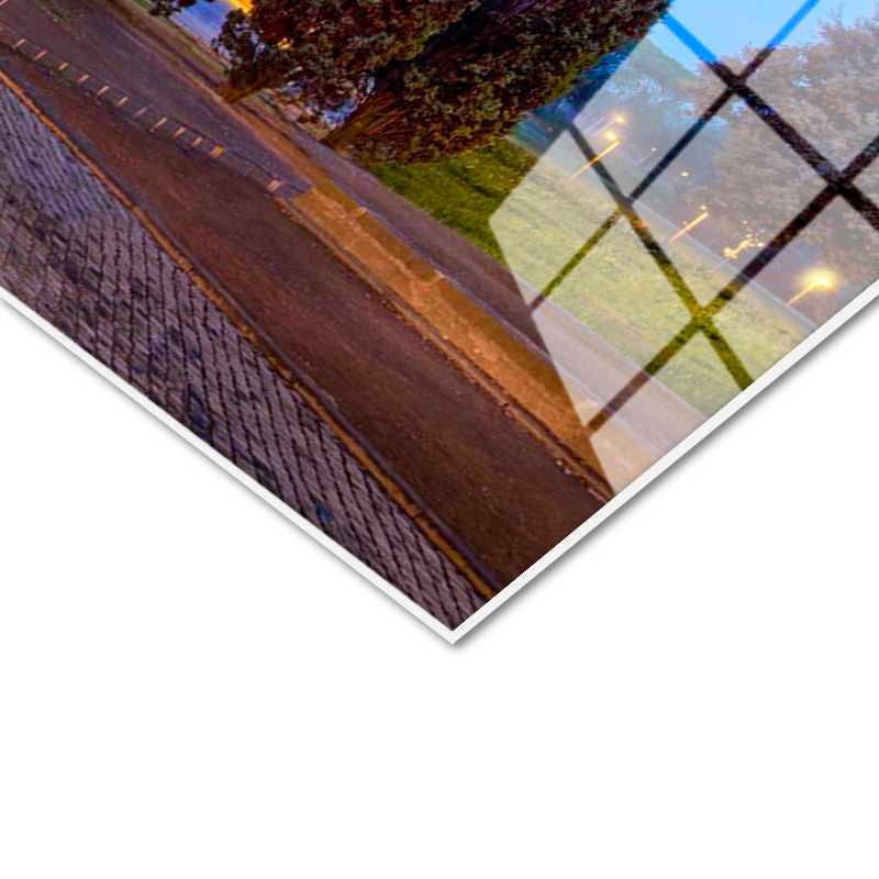 Tamperli Gerçek Cam Tablo Roma Kolezyum Mavi Saatler ve Ağaçlar Şehir Mimari Tablo Duvar Dekoru