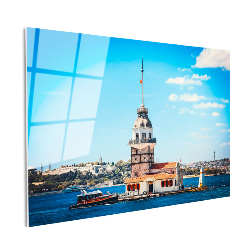 Tamperli Gerçek Cam Tablo İstanbul Kız Kulesi ve Boğaz Şehir Mimari Tablo Duvar Dekoru