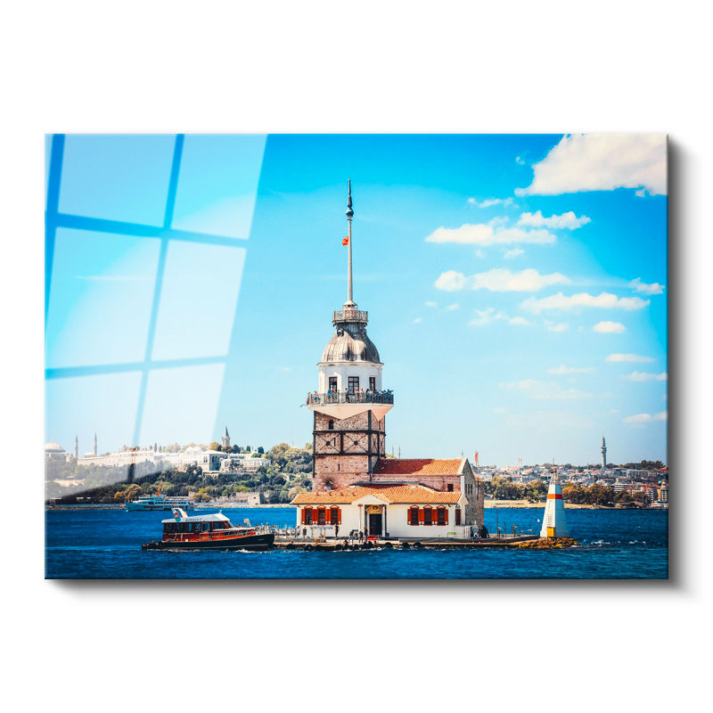 Tamperli Gerçek Cam Tablo İstanbul Kız Kulesi ve Boğaz Şehir Mimari Tablo Duvar Dekoru