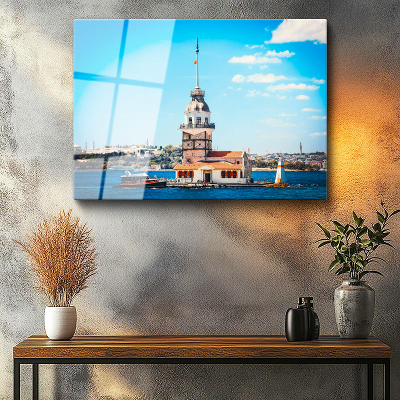 Tamperli Gerçek Cam Tablo İstanbul Kız Kulesi ve Boğaz Şehir Mimari Tablo Duvar Dekoru