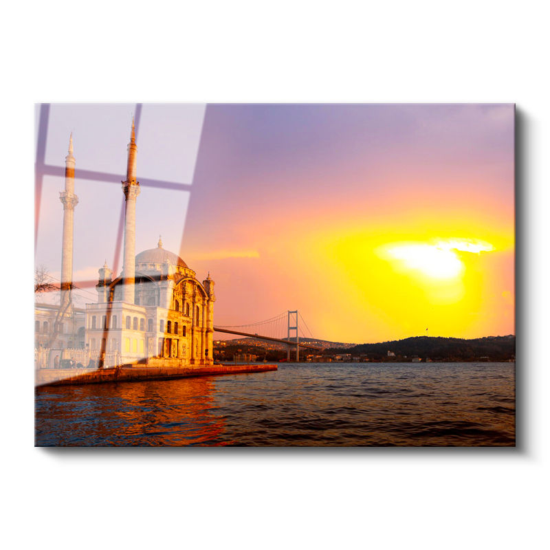 Tamperli Gerçek Cam Tablo Ortaköy Camii ve Köprü Manzarası Şehir Mimari Tablo Duvar Dekoru