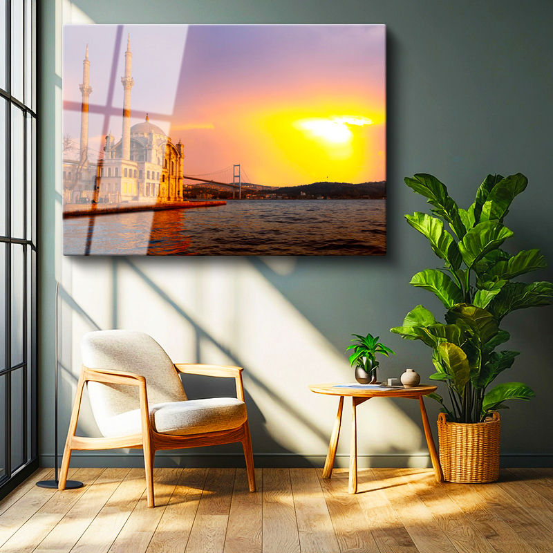 Tamperli Gerçek Cam Tablo Ortaköy Camii ve Köprü Manzarası Şehir Mimari Tablo Duvar Dekoru