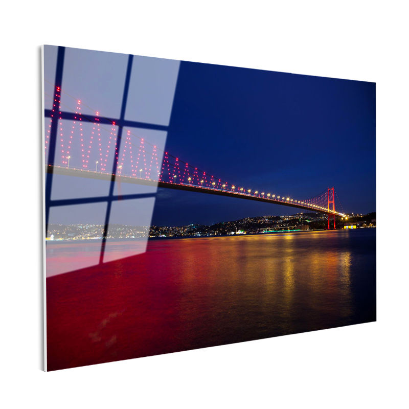 Tamperli Gerçek Cam Tablo Boğaz Köprüsü Kırmızı Gece Yansımaları Şehir Mimari Tablo Duvar Dekoru