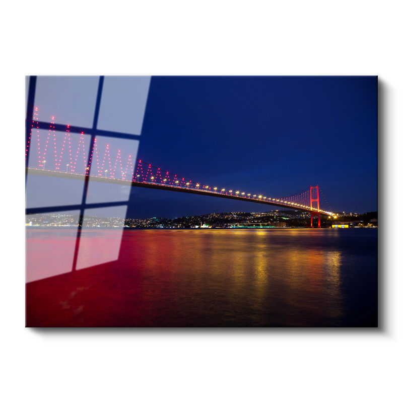 Tamperli Gerçek Cam Tablo Boğaz Köprüsü Kırmızı Gece Yansımaları Şehir Mimari Tablo Duvar Dekoru