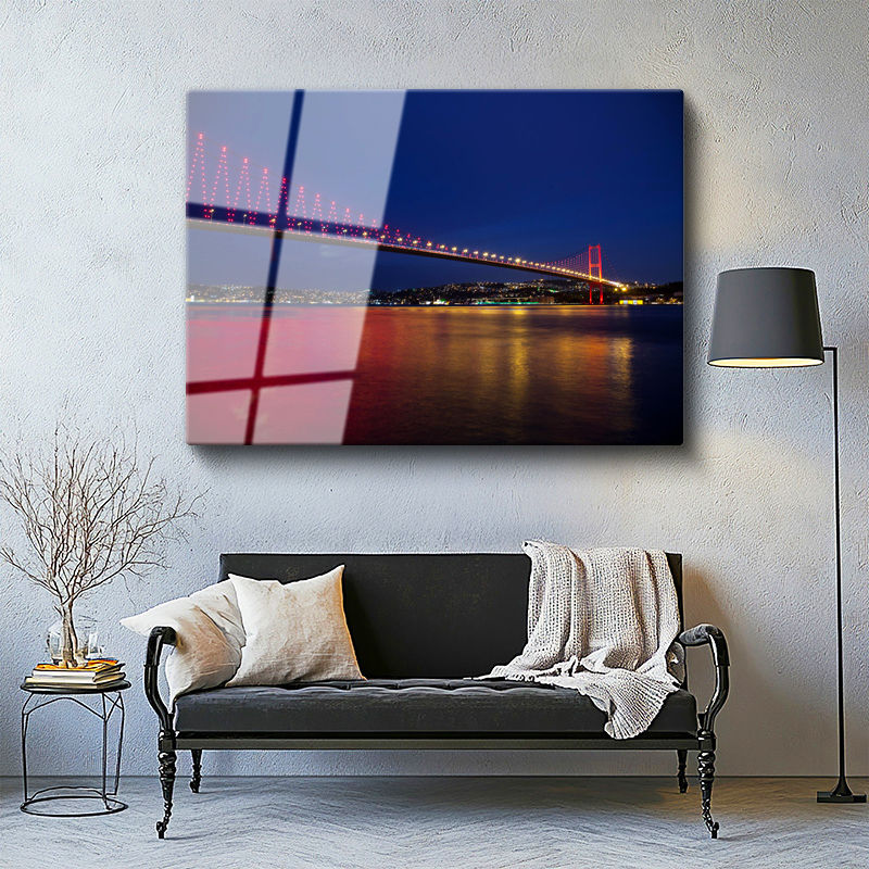 Tamperli Gerçek Cam Tablo Boğaz Köprüsü Kırmızı Gece Yansımaları Şehir Mimari Tablo Duvar Dekoru