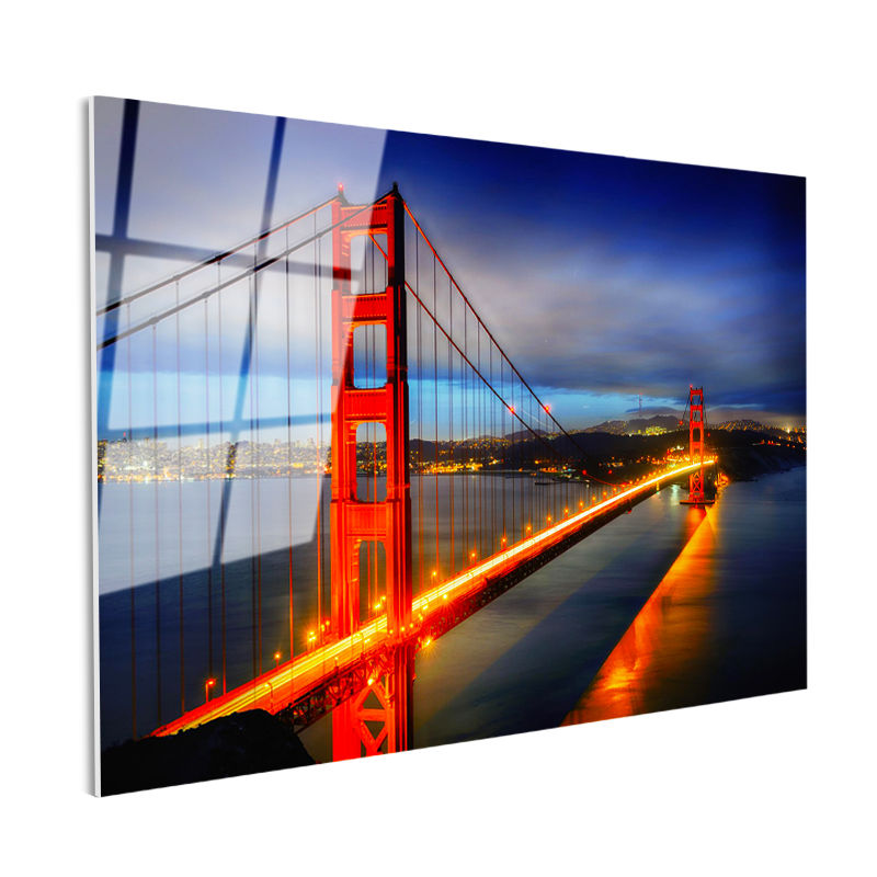 Tamperli Gerçek Cam Tablo Golden Gate Köprüsü Gece Trafiği Şehir Mimari Tablo Duvar Dekoru