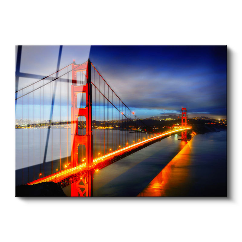 Tamperli Gerçek Cam Tablo Golden Gate Köprüsü Gece Trafiği Şehir Mimari Tablo Duvar Dekoru