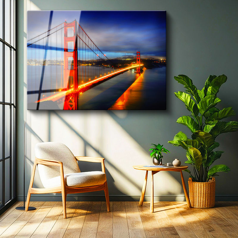 Tamperli Gerçek Cam Tablo Golden Gate Köprüsü Gece Trafiği Şehir Mimari Tablo Duvar Dekoru