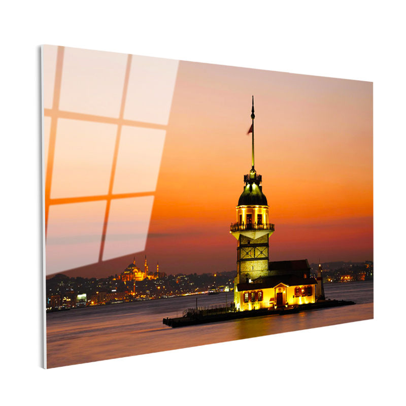 Tamperli Gerçek Cam Tablo Kız Kulesi ve İstanbul Silüeti Şehir Mimari Tablo Duvar Dekoru