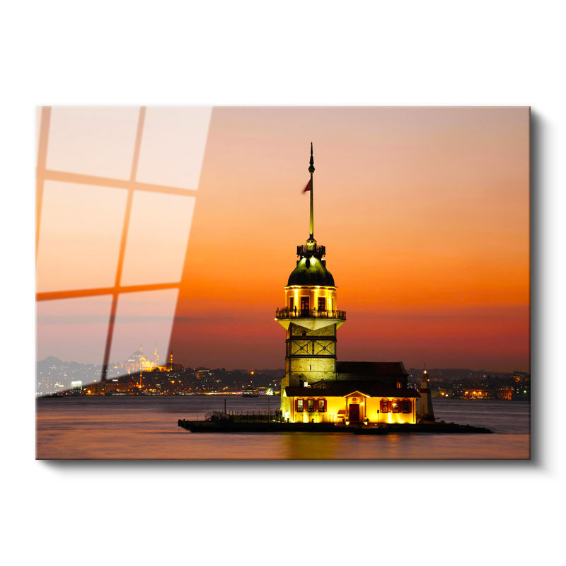 Tamperli Gerçek Cam Tablo Kız Kulesi ve İstanbul Silüeti Şehir Mimari Tablo Duvar Dekoru