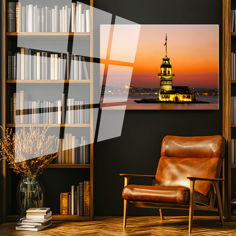 Tamperli Gerçek Cam Tablo Kız Kulesi ve İstanbul Silüeti Şehir Mimari Tablo Duvar Dekoru