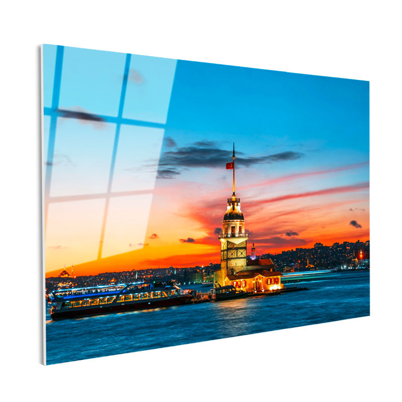 Tamperli Gerçek Cam Tablo Kız Kulesi Turuncu Gün Batımı Şehir Mimari Tablo Duvar Dekoru